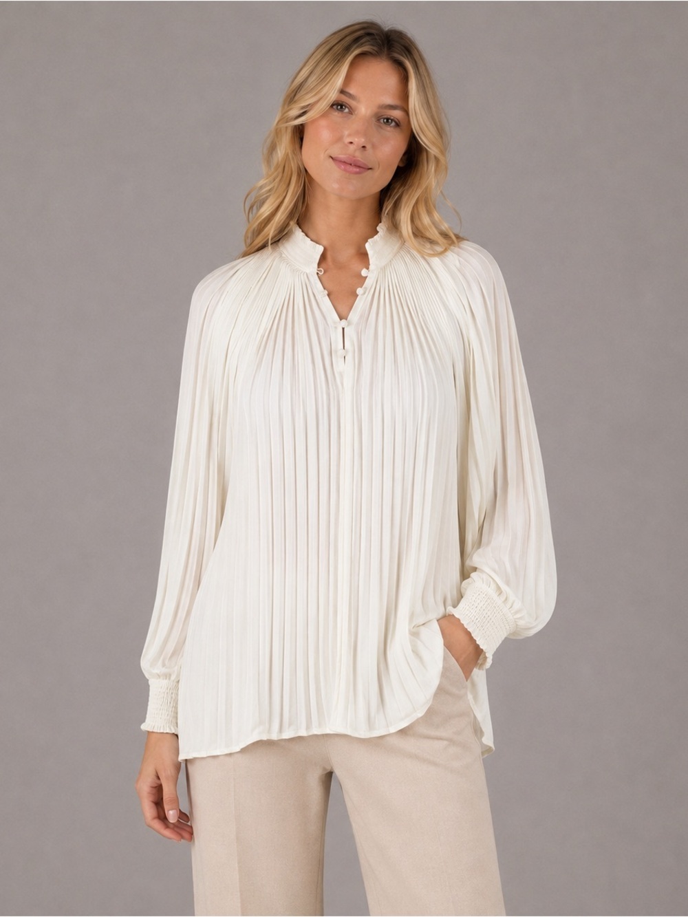Soft Surroundings Accordion Pleat Blouse Ivory White Polyester Tunic Top Size L